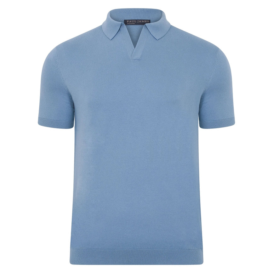 Mens Ultra Fine Cotton Buttonless Polo Shirt Bluestone-Polo Shirt-Paul James Knitwear-S-Bluestone-Urbanheer