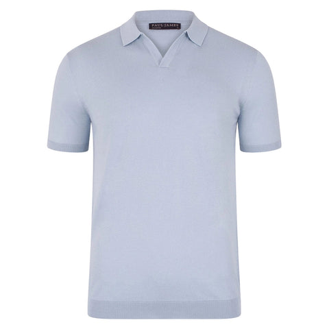 Mens Ultra Fine Cotton Buttonless Polo Shirt Chalk Blue-Polo Shirt-Paul James Knitwear-XXL-Chalk Blue-Urbanheer