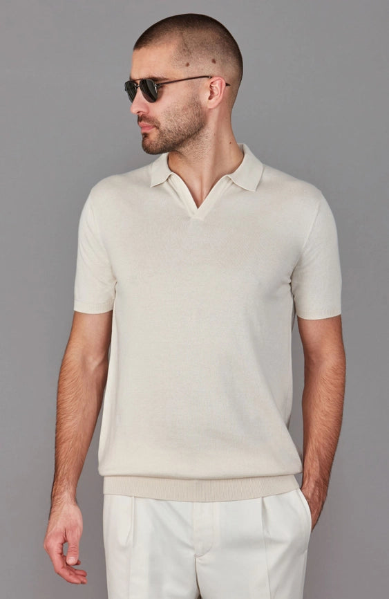Mens Ultra Fine Cotton Buttonless Polo Shirt Ecru-Polo Shirt-Paul James Knitwear-S-Ecru-Urbanheer