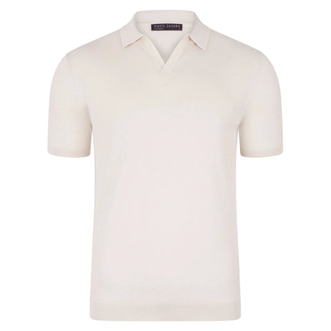 Mens Ultra Fine Cotton Buttonless Polo Shirt Ecru-Polo Shirt-Paul James Knitwear-S-Ecru-Urbanheer