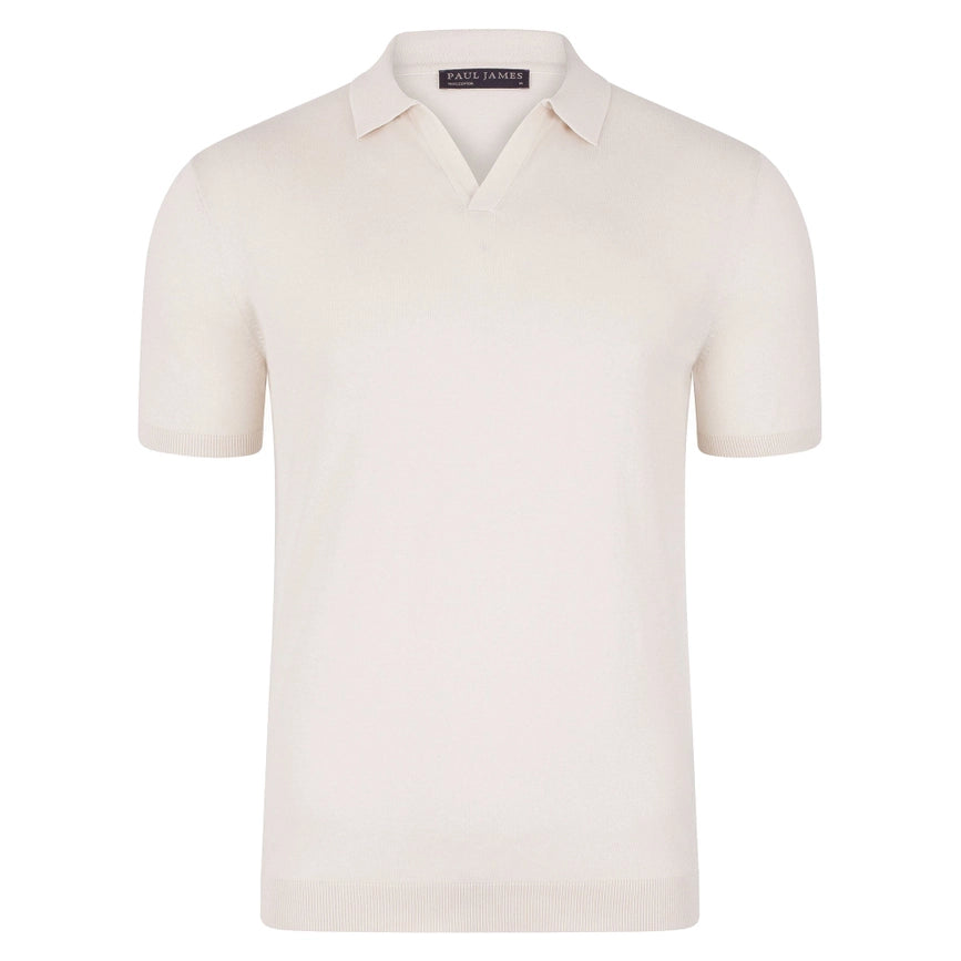 Mens Ultra Fine Cotton Buttonless Polo Shirt Ecru-Polo Shirt-Paul James Knitwear-S-Ecru-Urbanheer