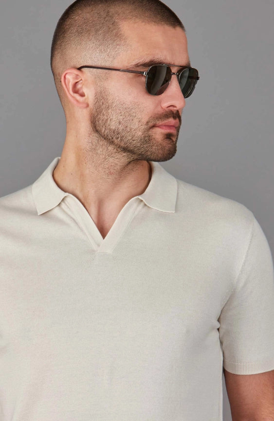Mens Ultra Fine Cotton Buttonless Polo Shirt Ecru-Polo Shirt-Paul James Knitwear-S-Ecru-Urbanheer