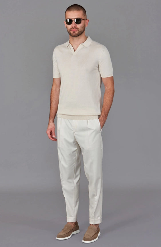 Mens Ultra Fine Cotton Buttonless Polo Shirt Ecru-Polo Shirt-Paul James Knitwear-S-Ecru-Urbanheer