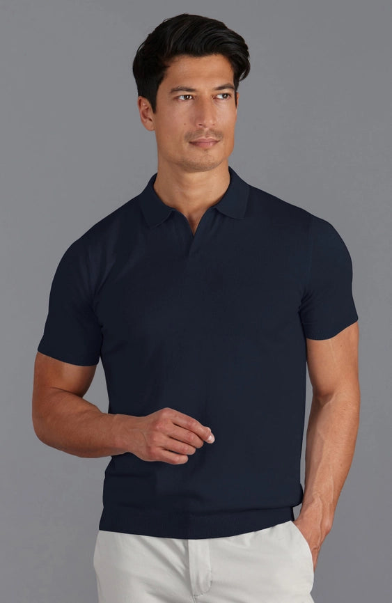 Mens Ultra Fine Cotton Buttonless Polo Shirt Navy-Polo Shirt-Paul James Knitwear-S-Navy-Urbanheer