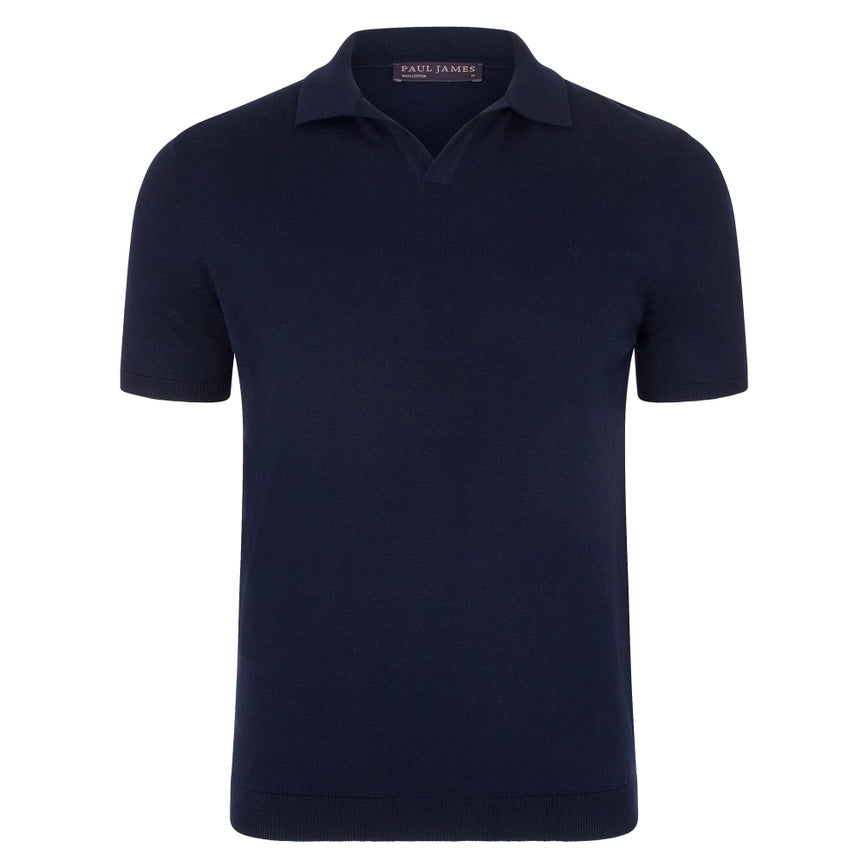 Mens Ultra Fine Cotton Buttonless Polo Shirt Navy-Polo Shirt-Paul James Knitwear-S-Navy-Urbanheer