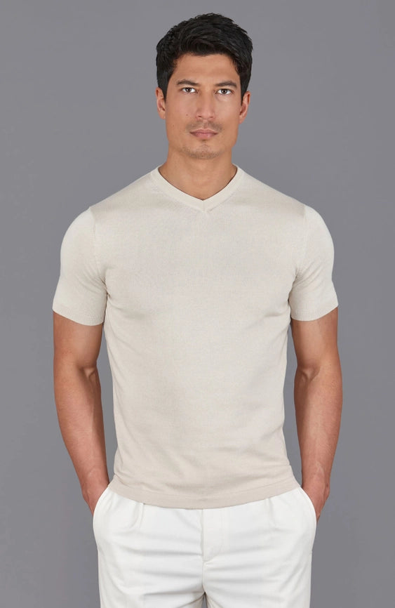 Mens Ultra Fine Cotton High V Neck Knitted T-Shirt Birch-T-Shirt-Paul James Knitwear-S-Birch-Urbanheer