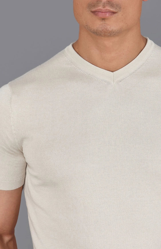 Mens Ultra Fine Cotton High V Neck Knitted T-Shirt Birch-T-Shirt-Paul James Knitwear-S-Birch-Urbanheer