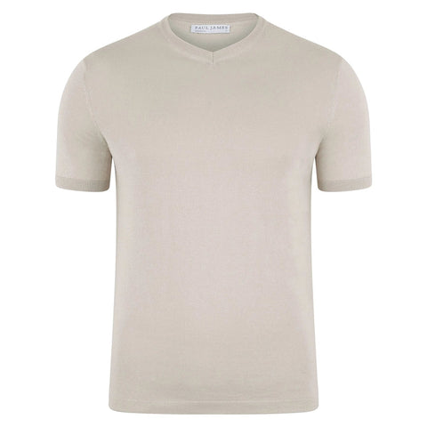 Mens Ultra Fine Cotton High V Neck Knitted T-Shirt Birch-T-Shirt-Paul James Knitwear-S-Birch-Urbanheer
