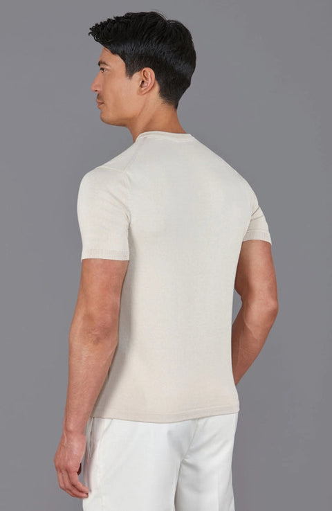 Mens Ultra Fine Cotton High V Neck Knitted T-Shirt Birch-T-Shirt-Paul James Knitwear-S-Birch-Urbanheer