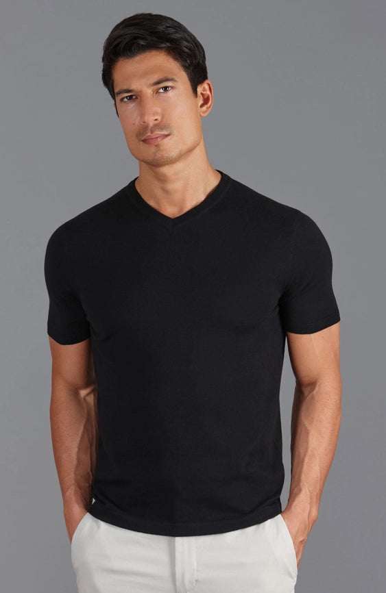 Mens Ultra Fine Cotton High V Neck Knitted T-Shirt Black-T-Shirt-Paul James Knitwear-M-Black-Urbanheer