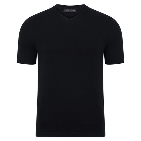 Mens Ultra Fine Cotton High V Neck Knitted T-Shirt Black-T-Shirt-Paul James Knitwear-M-Black-Urbanheer