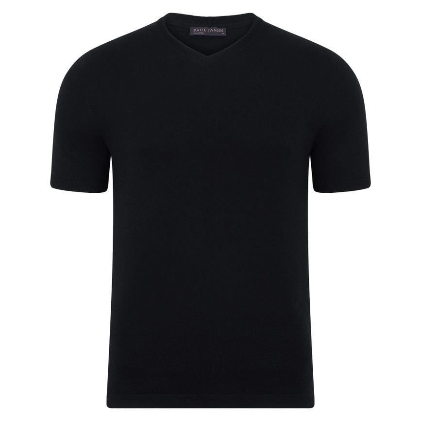 Mens Ultra Fine Cotton High V Neck Knitted T-Shirt Black-T-Shirt-Paul James Knitwear-M-Black-Urbanheer