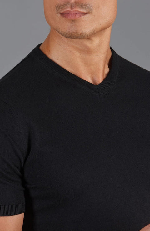 Mens Ultra Fine Cotton High V Neck Knitted T-Shirt Black-T-Shirt-Paul James Knitwear-M-Black-Urbanheer