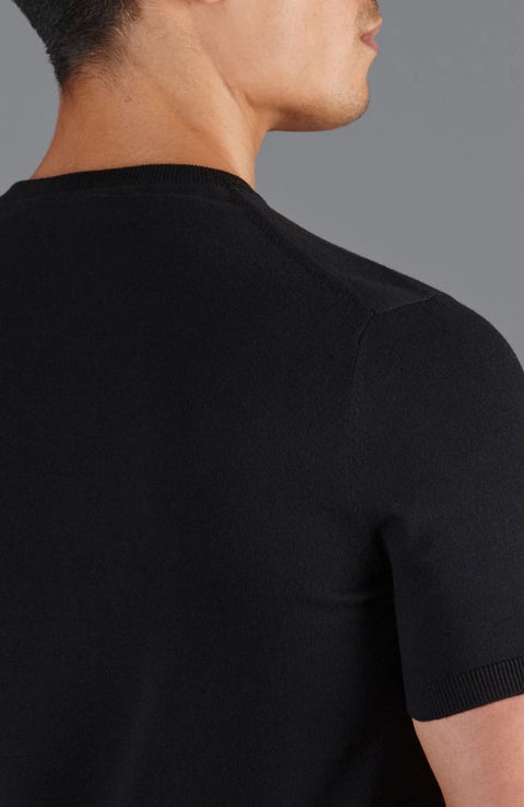 Mens Ultra Fine Cotton High V Neck Knitted T-Shirt Black-T-Shirt-Paul James Knitwear-M-Black-Urbanheer