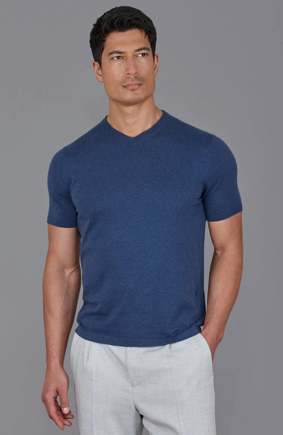 Mens Ultra Fine Cotton High V Neck Knitted T-Shirt Blue Melange-T-Shirt-Paul James Knitwear-S-Blue Melange-Urbanheer