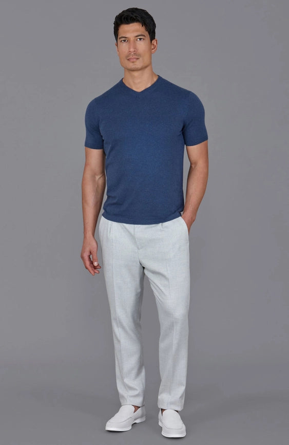 Mens Ultra Fine Cotton High V Neck Knitted T-Shirt Blue Melange-T-Shirt-Paul James Knitwear-S-Blue Melange-Urbanheer