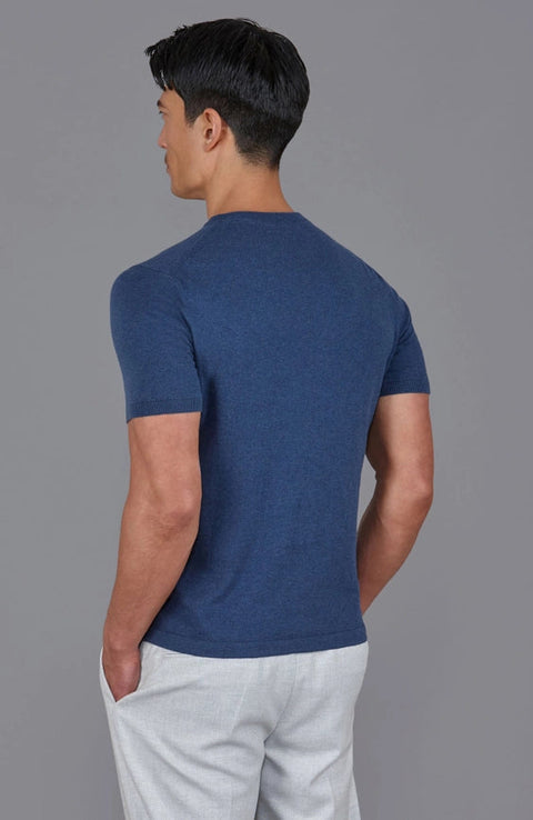 Mens Ultra Fine Cotton High V Neck Knitted T-Shirt Blue Melange-T-Shirt-Paul James Knitwear-S-Blue Melange-Urbanheer