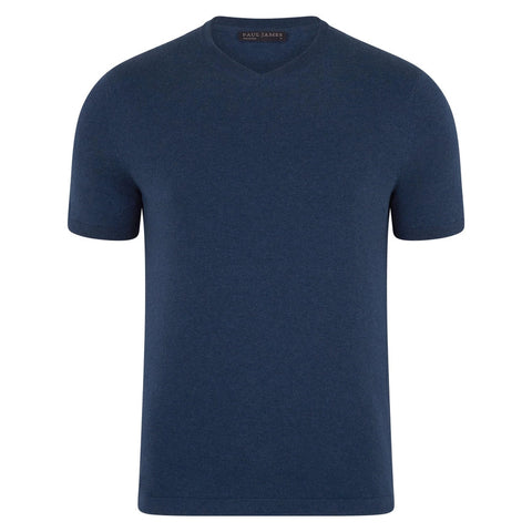 Mens Ultra Fine Cotton High V Neck Knitted T-Shirt Blue Melange-T-Shirt-Paul James Knitwear-S-Blue Melange-Urbanheer