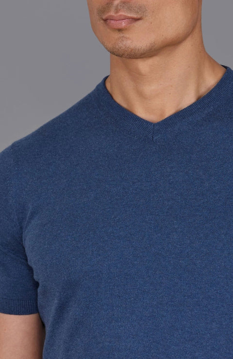 Mens Ultra Fine Cotton High V Neck Knitted T-Shirt Blue Melange-T-Shirt-Paul James Knitwear-S-Blue Melange-Urbanheer