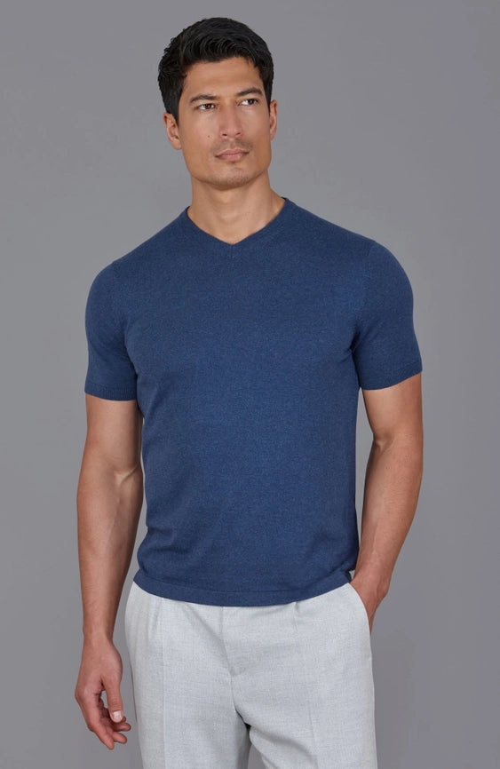 Mens Ultra Fine Cotton High V Neck Knitted T-Shirt Blue Melange-T-Shirt-Paul James Knitwear-S-Blue Melange-Urbanheer