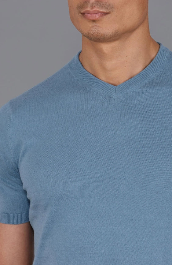 Mens Ultra Fine Cotton High V Neck Knitted T-Shirt Bluestone-T-Shirt-Paul James Knitwear-S-Bluestone-Urbanheer