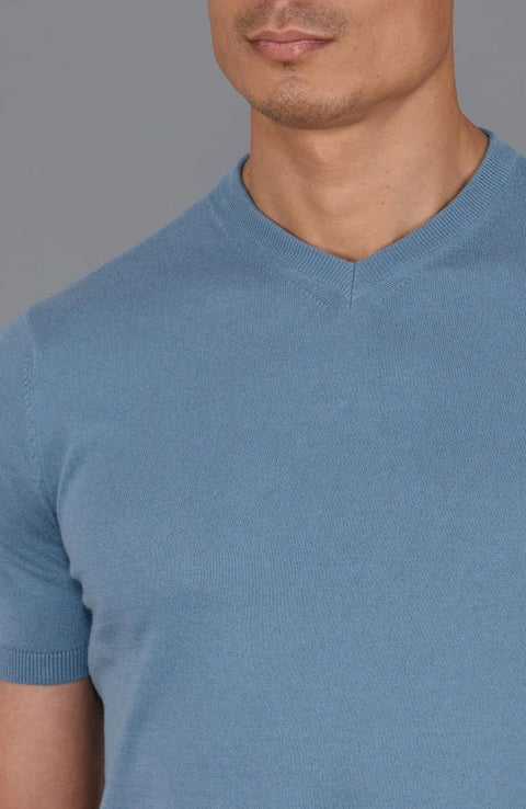 Mens Ultra Fine Cotton High V Neck Knitted T-Shirt Bluestone-T-Shirt-Paul James Knitwear-S-Bluestone-Urbanheer