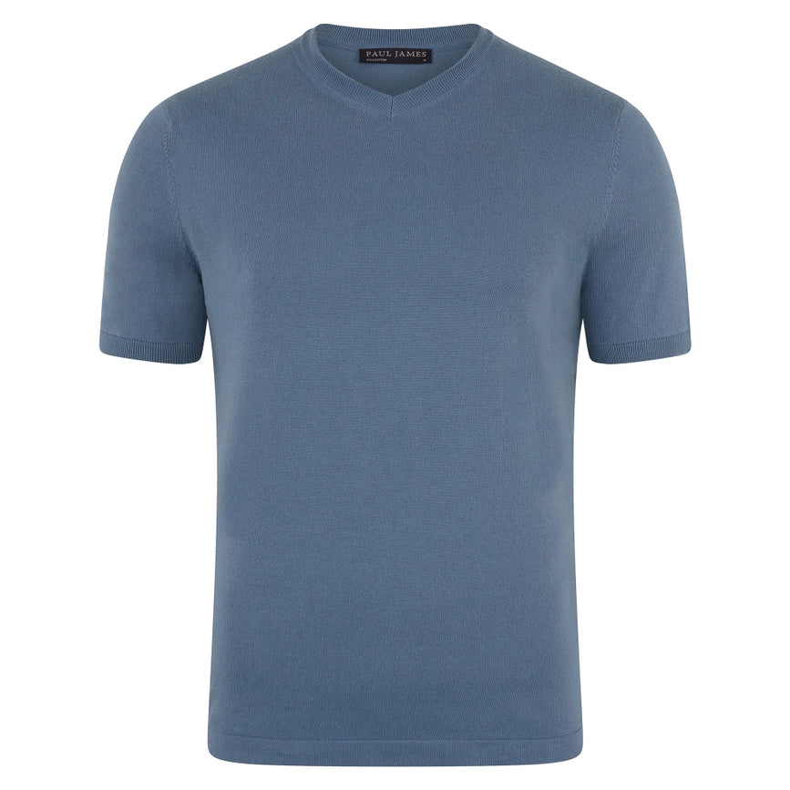Mens Ultra Fine Cotton High V Neck Knitted T-Shirt Bluestone-T-Shirt-Paul James Knitwear-S-Bluestone-Urbanheer