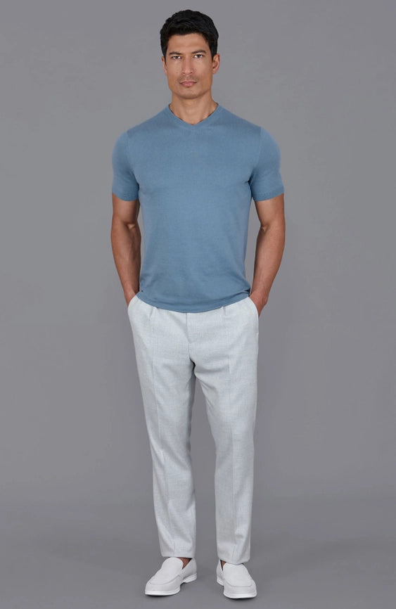 Mens Ultra Fine Cotton High V Neck Knitted T-Shirt Bluestone-T-Shirt-Paul James Knitwear-S-Bluestone-Urbanheer