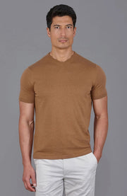 Mens Ultra Fine Cotton High V Neck Knitted T-Shirt Camel-T-Shirt-Paul James Knitwear-S-Camel-Urbanheer