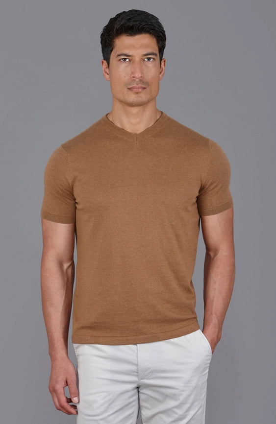 Mens Ultra Fine Cotton High V Neck Knitted T-Shirt Camel-T-Shirt-Paul James Knitwear-S-Camel-Urbanheer