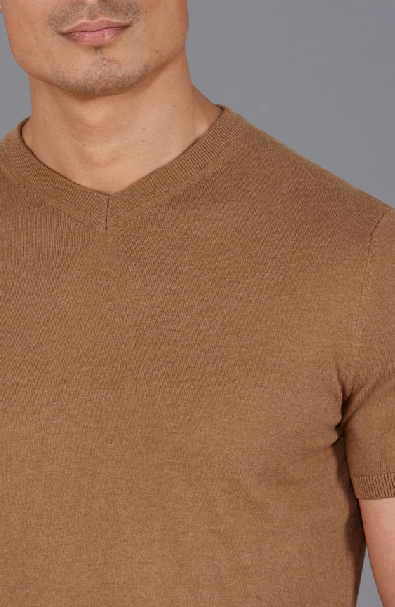 Mens Ultra Fine Cotton High V Neck Knitted T-Shirt Camel-T-Shirt-Paul James Knitwear-S-Camel-Urbanheer