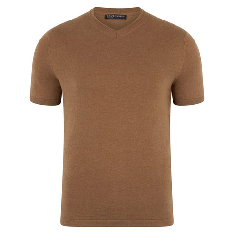Mens Ultra Fine Cotton High V Neck Knitted T-Shirt Camel-T-Shirt-Paul James Knitwear-S-Camel-Urbanheer