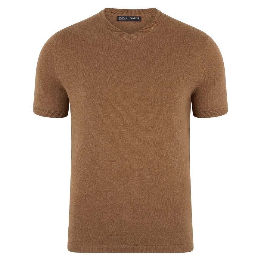 Mens Ultra Fine Cotton High V Neck Knitted T-Shirt Camel-T-Shirt-Paul James Knitwear-S-Camel-Urbanheer