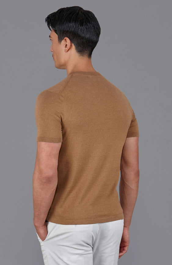 Mens Ultra Fine Cotton High V Neck Knitted T-Shirt Camel-T-Shirt-Paul James Knitwear-S-Camel-Urbanheer