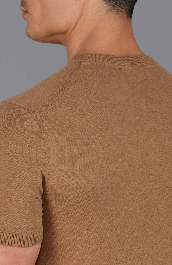 Mens Ultra Fine Cotton High V Neck Knitted T-Shirt Camel-T-Shirt-Paul James Knitwear-S-Camel-Urbanheer