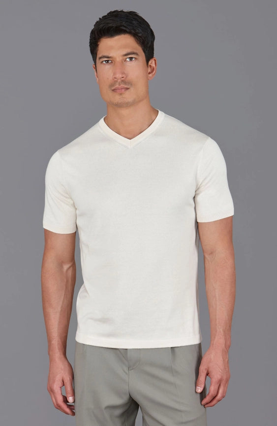 Mens Ultra Fine Cotton High V Neck Knitted T-Shirt Ecru-T-Shirt-Paul James Knitwear-S-Ecru-Urbanheer