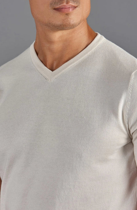 Mens Ultra Fine Cotton High V Neck Knitted T-Shirt Ecru-T-Shirt-Paul James Knitwear-S-Ecru-Urbanheer