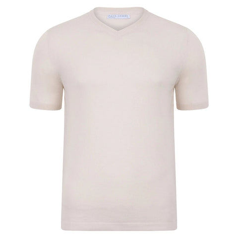 Mens Ultra Fine Cotton High V Neck Knitted T-Shirt Ecru-T-Shirt-Paul James Knitwear-S-Ecru-Urbanheer