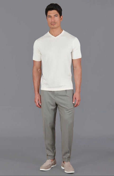 Mens Ultra Fine Cotton High V Neck Knitted T-Shirt Ecru-T-Shirt-Paul James Knitwear-S-Ecru-Urbanheer