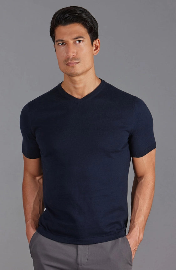 Mens Ultra Fine Cotton High V Neck Knitted T-Shirt Navy-T-Shirt-Paul James Knitwear-S-Navy-Urbanheer