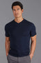Mens Ultra Fine Cotton High V Neck Knitted T-Shirt Navy-T-Shirt-Paul James Knitwear-S-Navy-Urbanheer