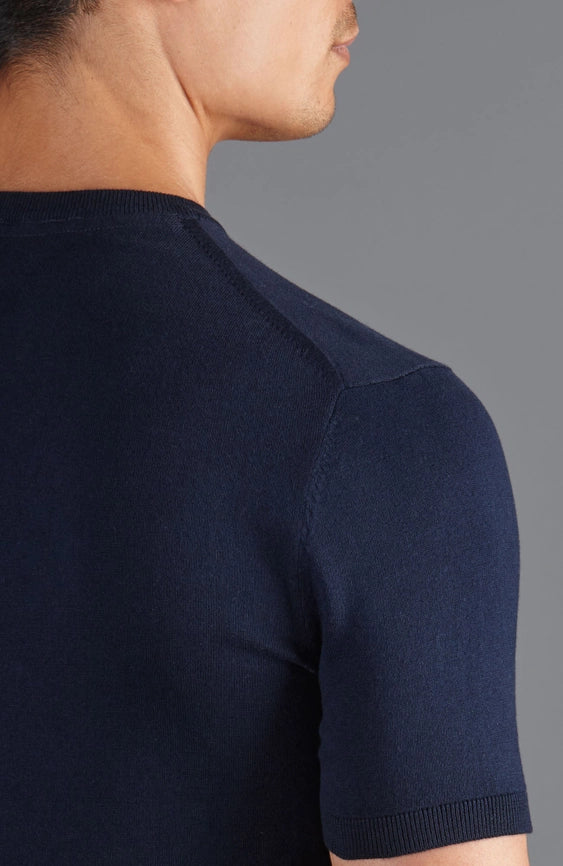 Mens Ultra Fine Cotton High V Neck Knitted T-Shirt Navy-T-Shirt-Paul James Knitwear-S-Navy-Urbanheer