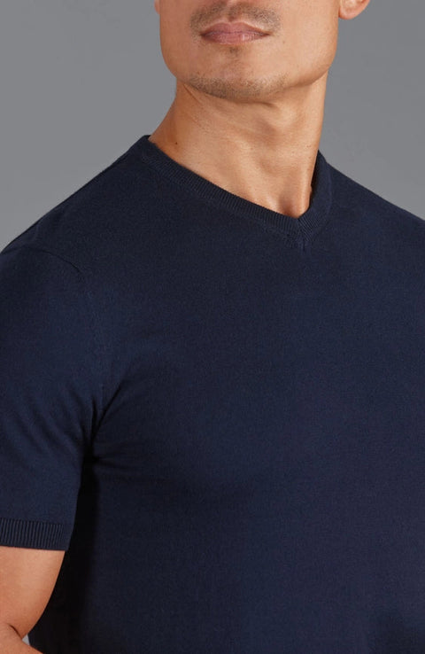 Mens Ultra Fine Cotton High V Neck Knitted T-Shirt Navy-T-Shirt-Paul James Knitwear-S-Navy-Urbanheer