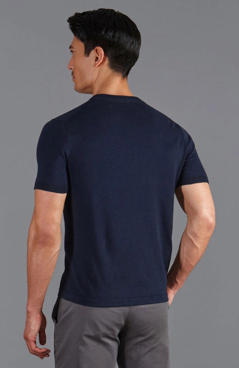 Mens Ultra Fine Cotton High V Neck Knitted T-Shirt Navy-T-Shirt-Paul James Knitwear-S-Navy-Urbanheer