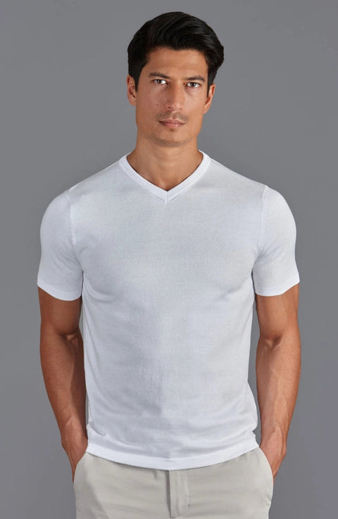 Mens Ultra Fine Cotton High V Neck Knitted T-Shirt White-T-Shirt-Paul James Knitwear-S-White-Urbanheer