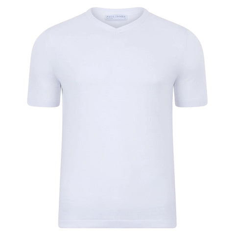 Mens Ultra Fine Cotton High V Neck Knitted T-Shirt White-T-Shirt-Paul James Knitwear-S-White-Urbanheer