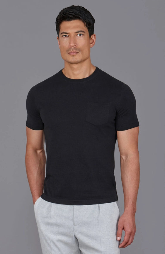 Mens Ultra Fine Cotton Knitted Pocket T-Shirt Black-T-Shirt-Paul James Knitwear-S-Black-Urbanheer