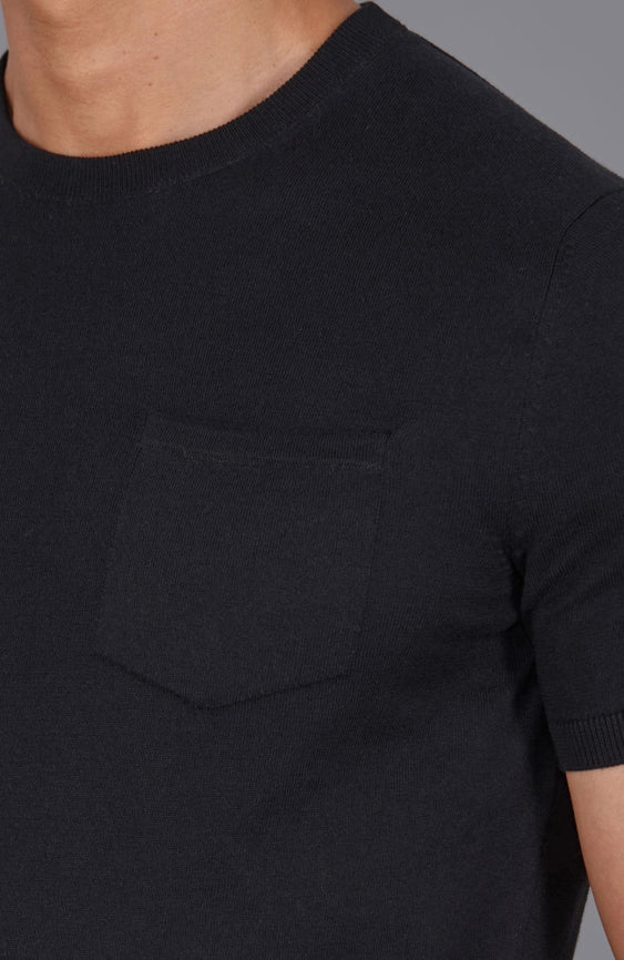 Mens Ultra Fine Cotton Knitted Pocket T-Shirt Black-T-Shirt-Paul James Knitwear-S-Black-Urbanheer