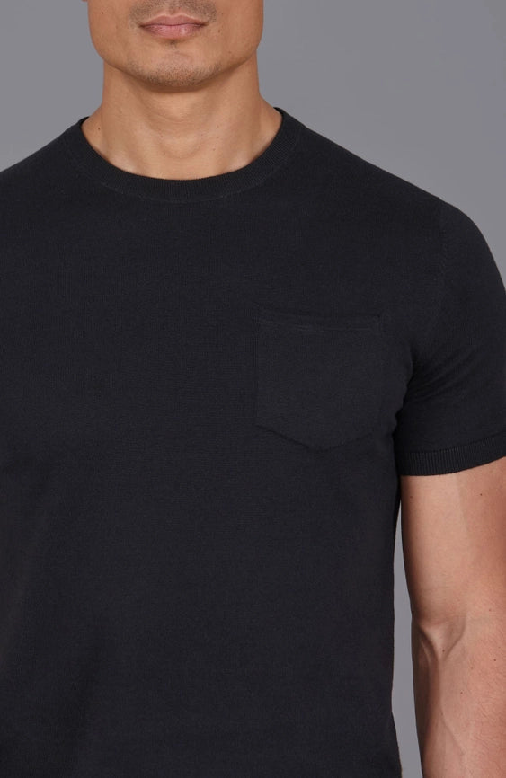 Mens Ultra Fine Cotton Knitted Pocket T-Shirt Black-T-Shirt-Paul James Knitwear-S-Black-Urbanheer