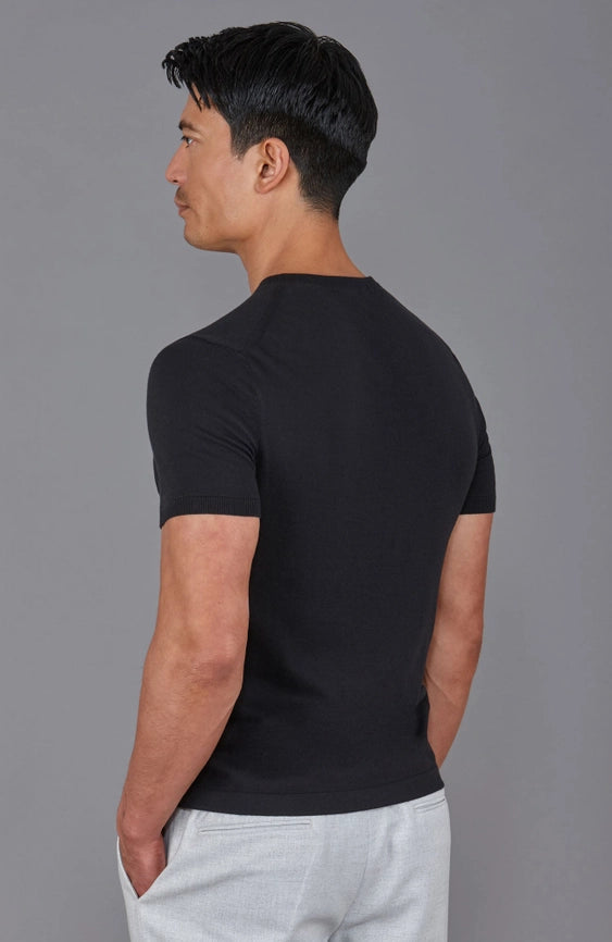 Mens Ultra Fine Cotton Knitted Pocket T-Shirt Black-T-Shirt-Paul James Knitwear-S-Black-Urbanheer